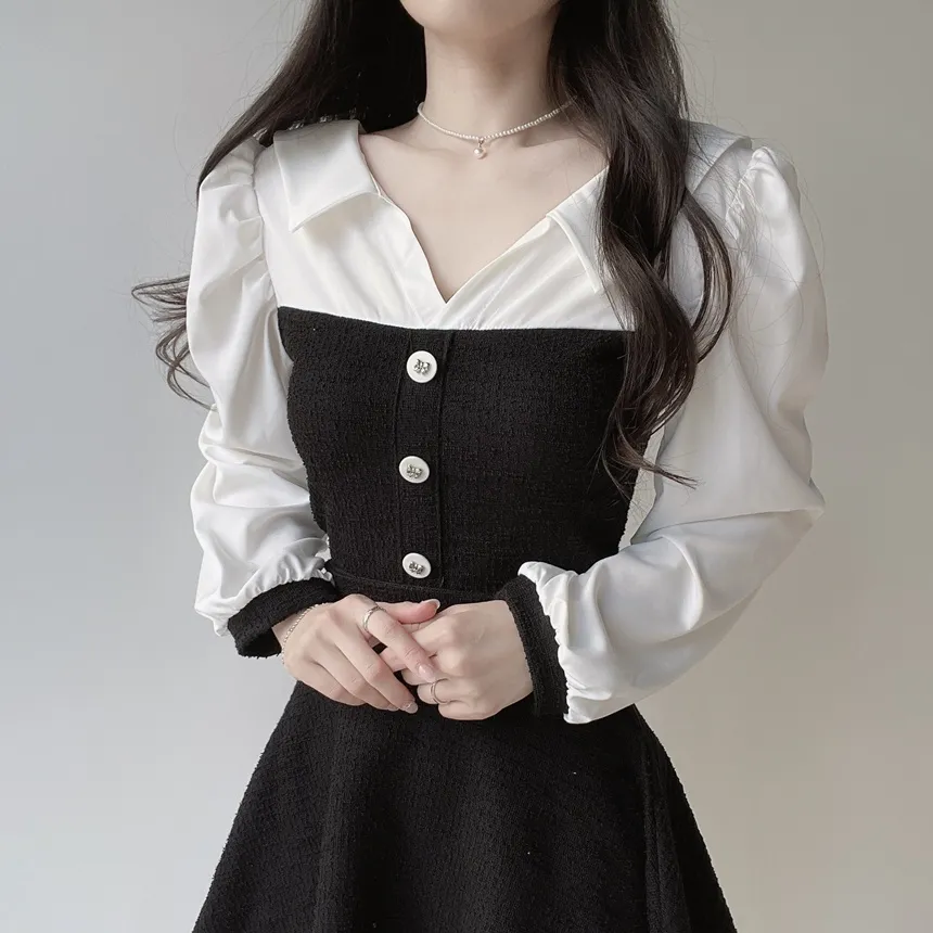 ツイードオープンカラーウエストゴム長袖フェイクボタンミニセットアップ | mirangmirang | 詳細画像10