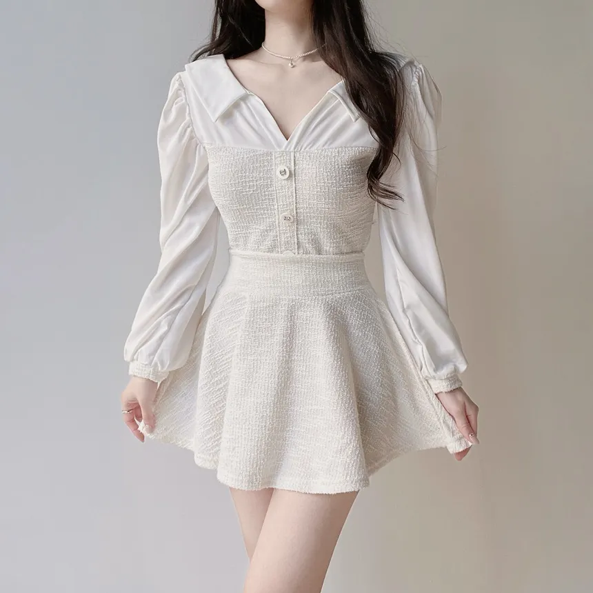 ツイードオープンカラーウエストゴム長袖フェイクボタンミニセットアップ | mirangmirang | 詳細画像11