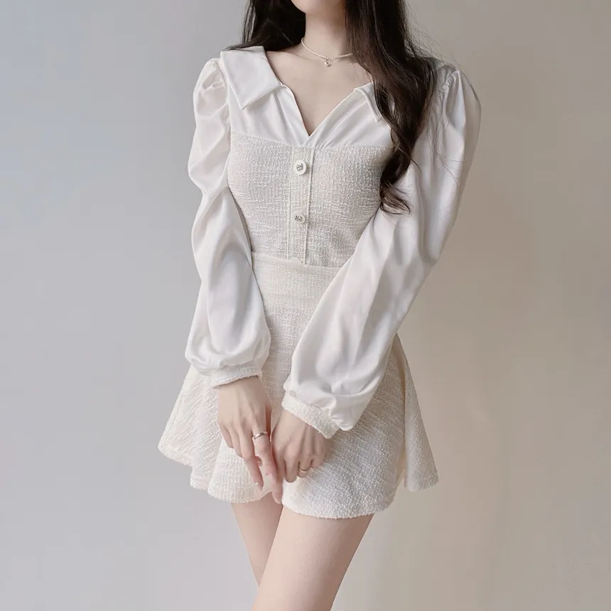 ツイードオープンカラーウエストゴム長袖フェイクボタンミニセットアップ | mirangmirang | 詳細画像12