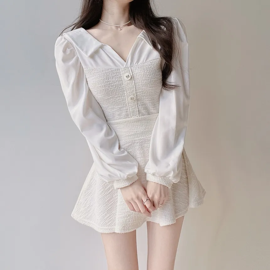 ツイードオープンカラーウエストゴム長袖フェイクボタンミニセットアップ | mirangmirang | 詳細画像13