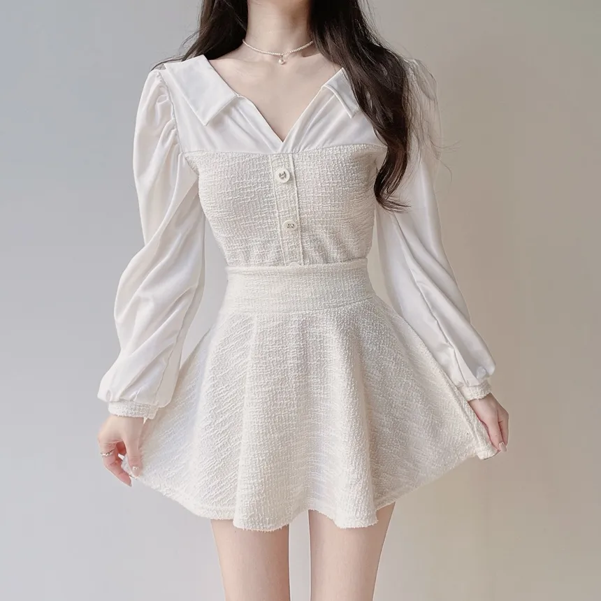 ツイードオープンカラーウエストゴム長袖フェイクボタンミニセットアップ | mirangmirang | 詳細画像14