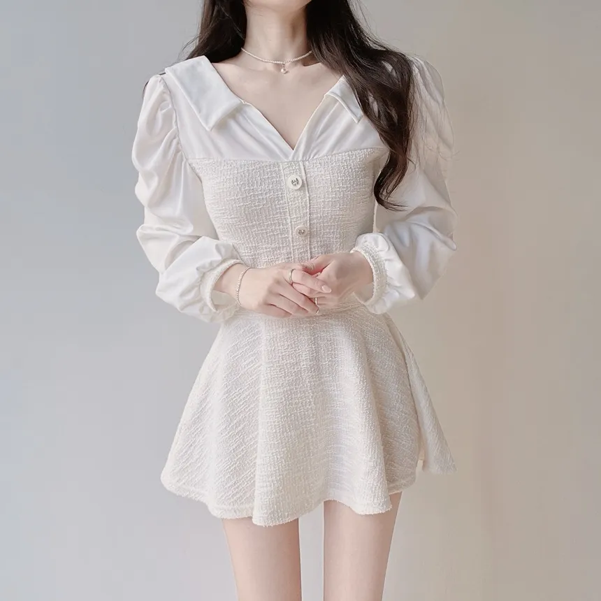 ツイードオープンカラーウエストゴム長袖フェイクボタンミニセットアップ | mirangmirang | 詳細画像15