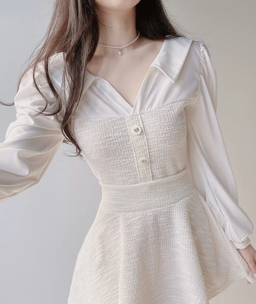 ツイードオープンカラーウエストゴム長袖フェイクボタンミニセットアップ | mirangmirang | 詳細画像16