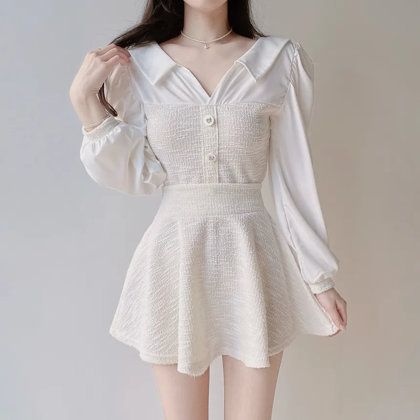 ツイードオープンカラーウエストゴム長袖フェイクボタンミニセットアップ | mirangmirang | 詳細画像17