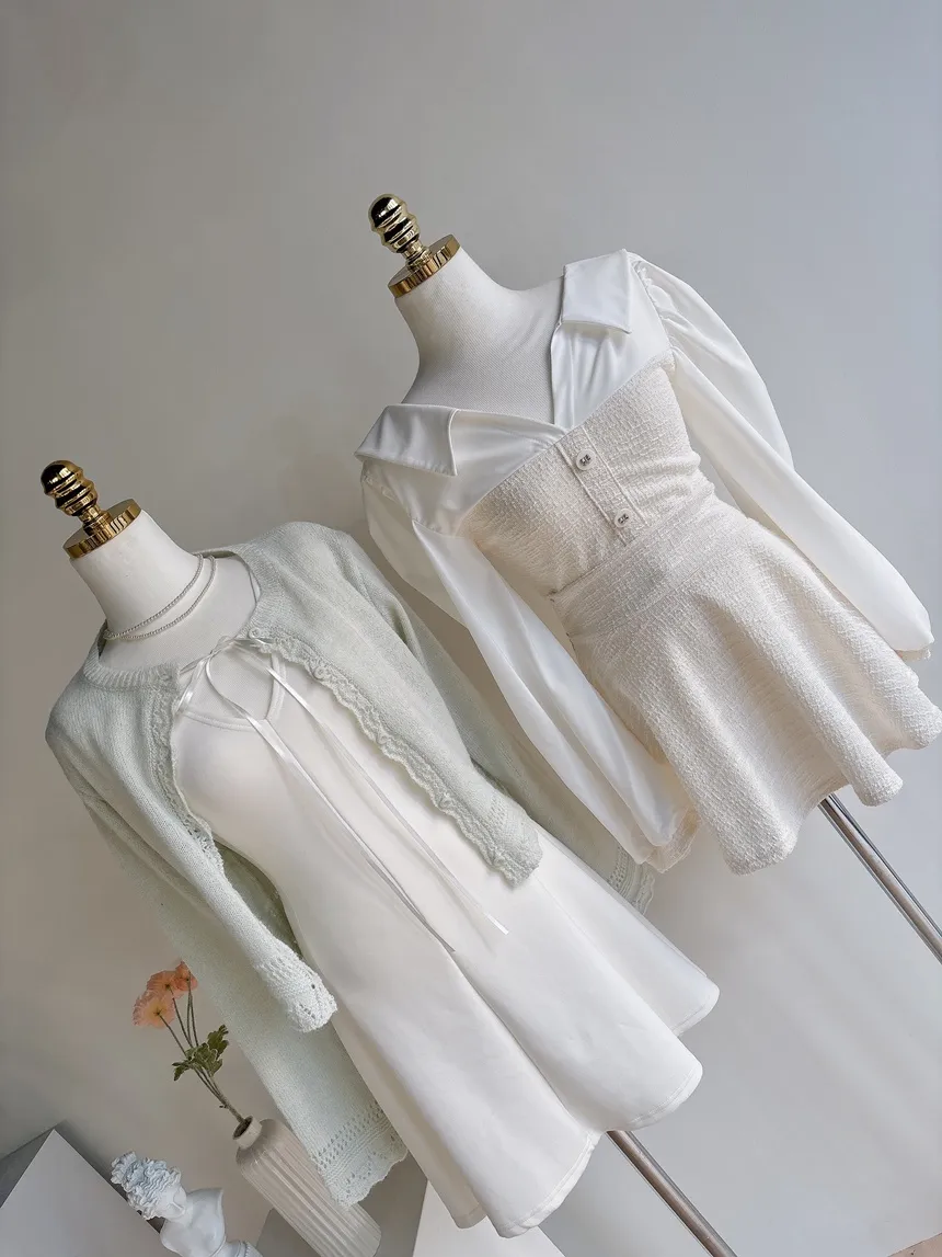 ツイードオープンカラーウエストゴム長袖フェイクボタンミニセットアップ | mirangmirang | 詳細画像19