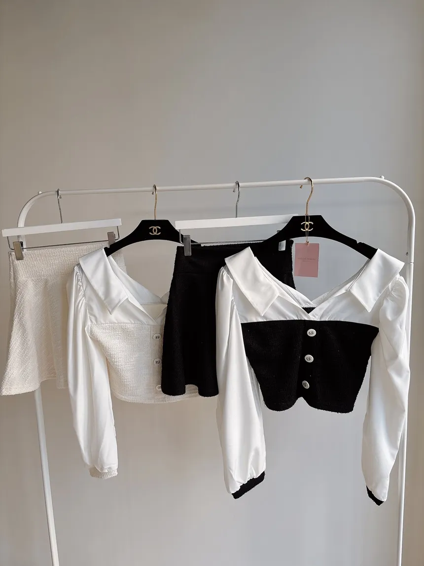 ツイードオープンカラーウエストゴム長袖フェイクボタンミニセットアップ | mirangmirang | 詳細画像32