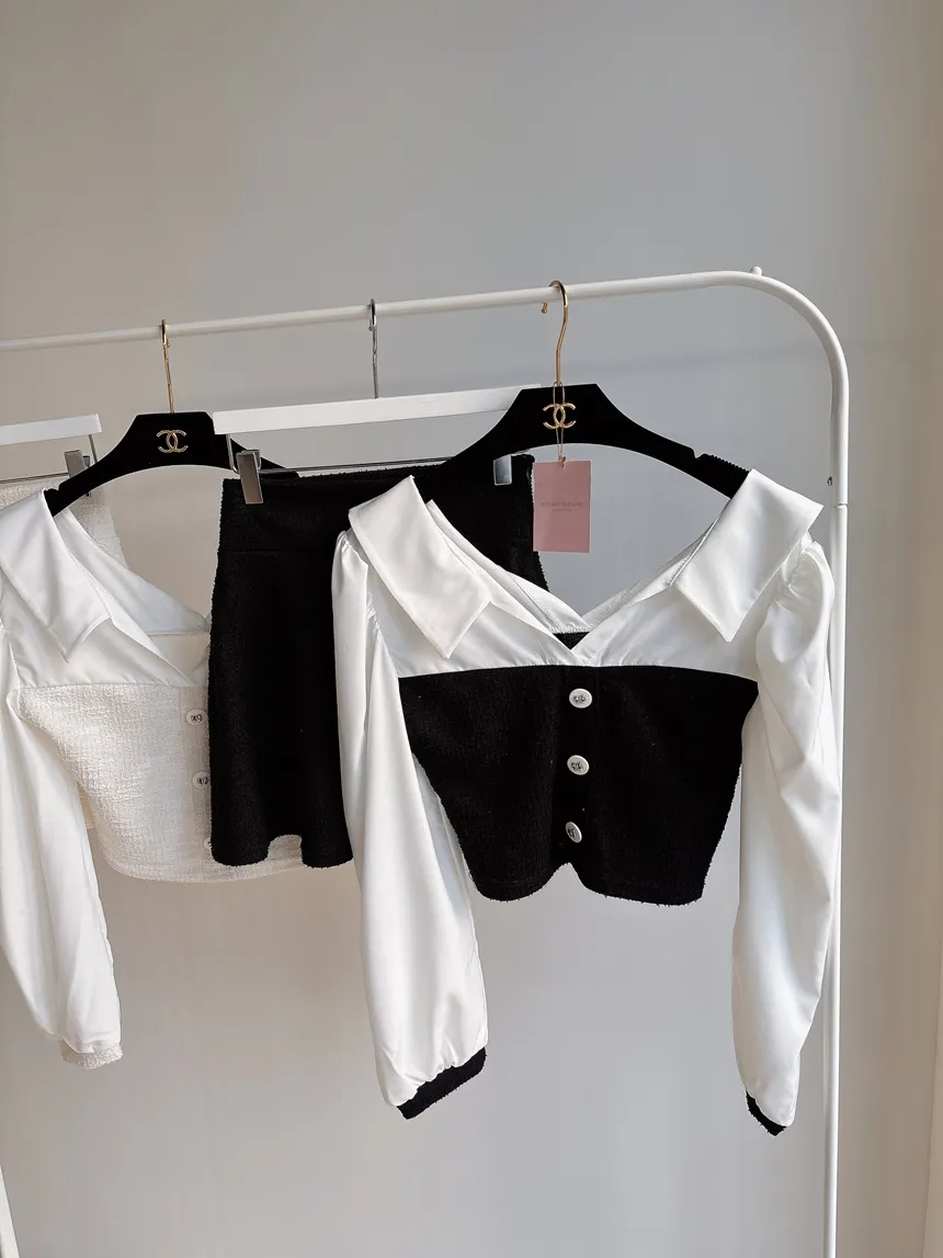 ツイードオープンカラーウエストゴム長袖フェイクボタンミニセットアップ | mirangmirang | 詳細画像33