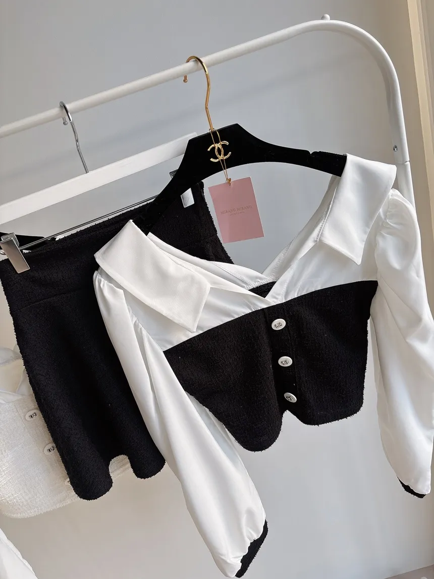 ツイードオープンカラーウエストゴム長袖フェイクボタンミニセットアップ | mirangmirang | 詳細画像34