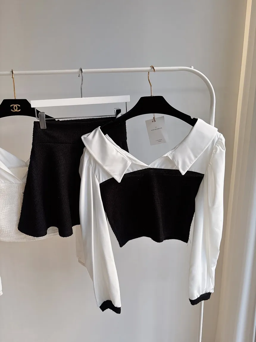 ツイードオープンカラーウエストゴム長袖フェイクボタンミニセットアップ | mirangmirang | 詳細画像35