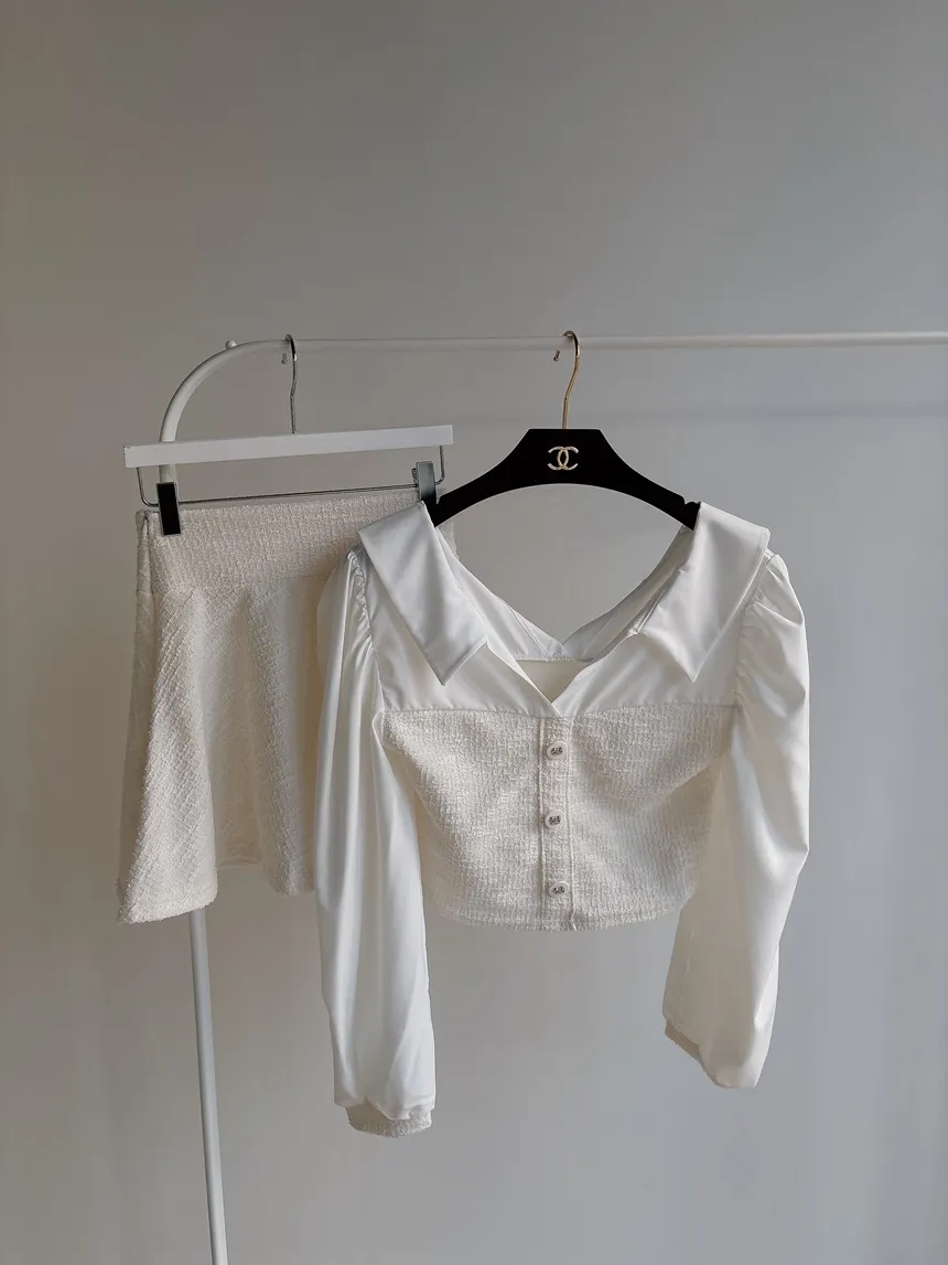 ツイードオープンカラーウエストゴム長袖フェイクボタンミニセットアップ | mirangmirang | 詳細画像37