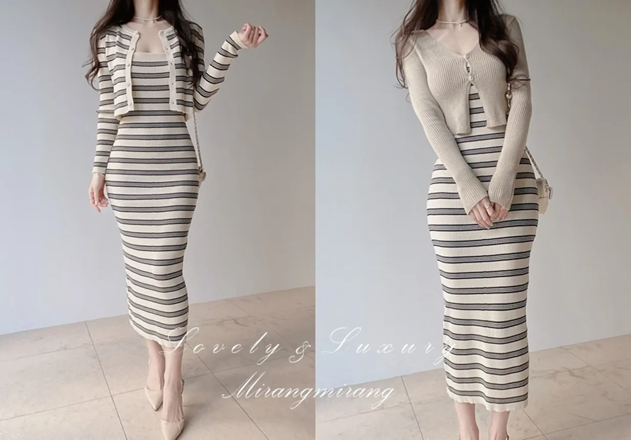 ニットラウンドネックHライン(ロング丈)ボーダーアンサンブルカーディガンワンピース | mirangmirang | 詳細画像1