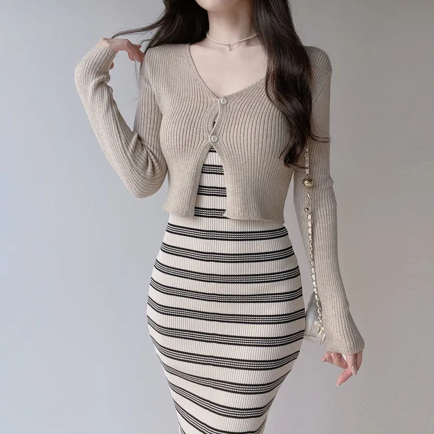 ニットラウンドネックHライン(ロング丈)ボーダーアンサンブルカーディガンワンピース | mirangmirang | 詳細画像3