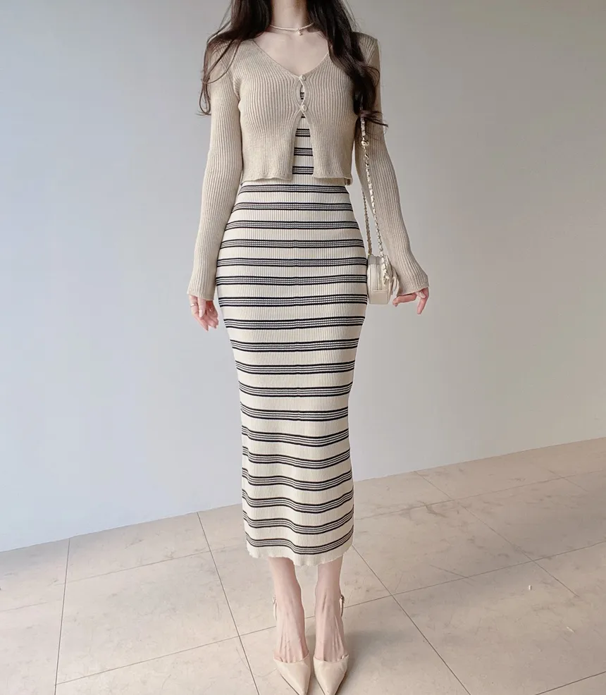 ニットラウンドネックHライン(ロング丈)ボーダーアンサンブルカーディガンワンピース | mirangmirang | 詳細画像6