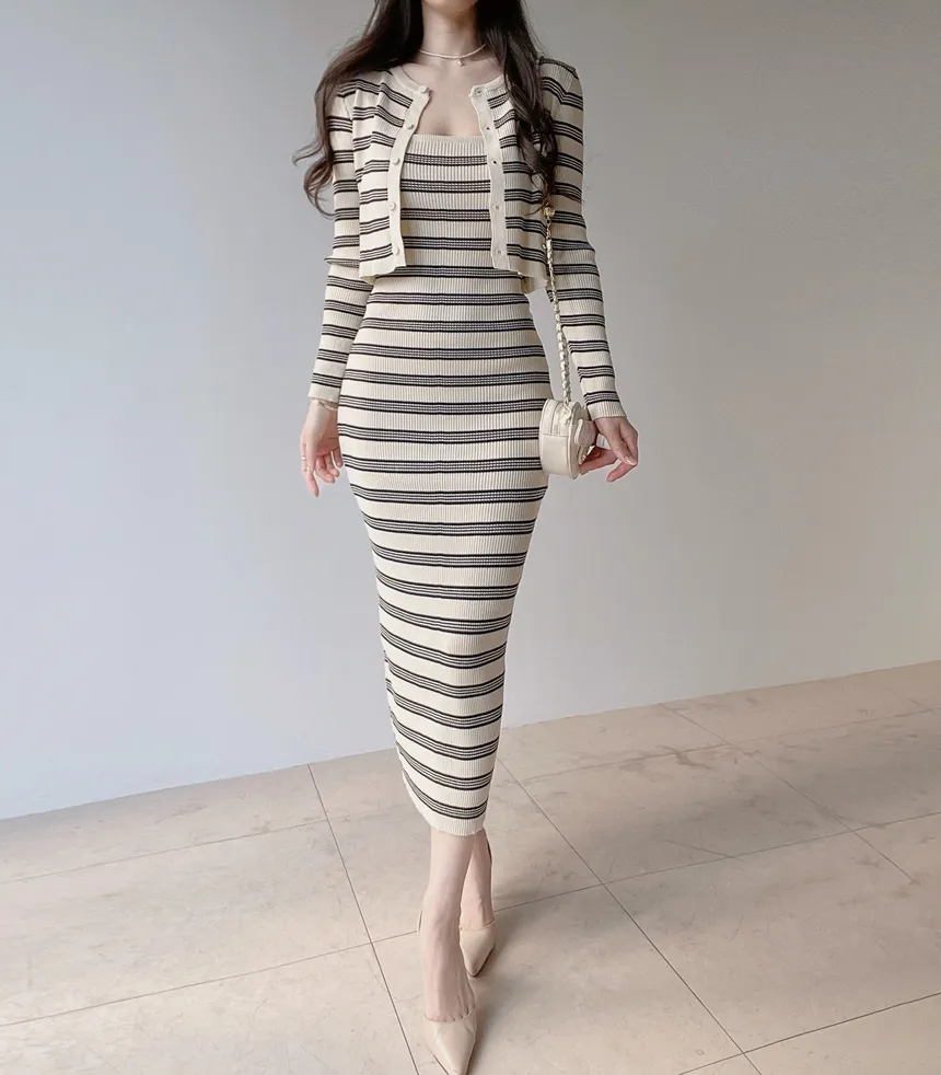 ニットラウンドネックHライン(ロング丈)ボーダーアンサンブルカーディガンワンピース | mirangmirang | 詳細画像9