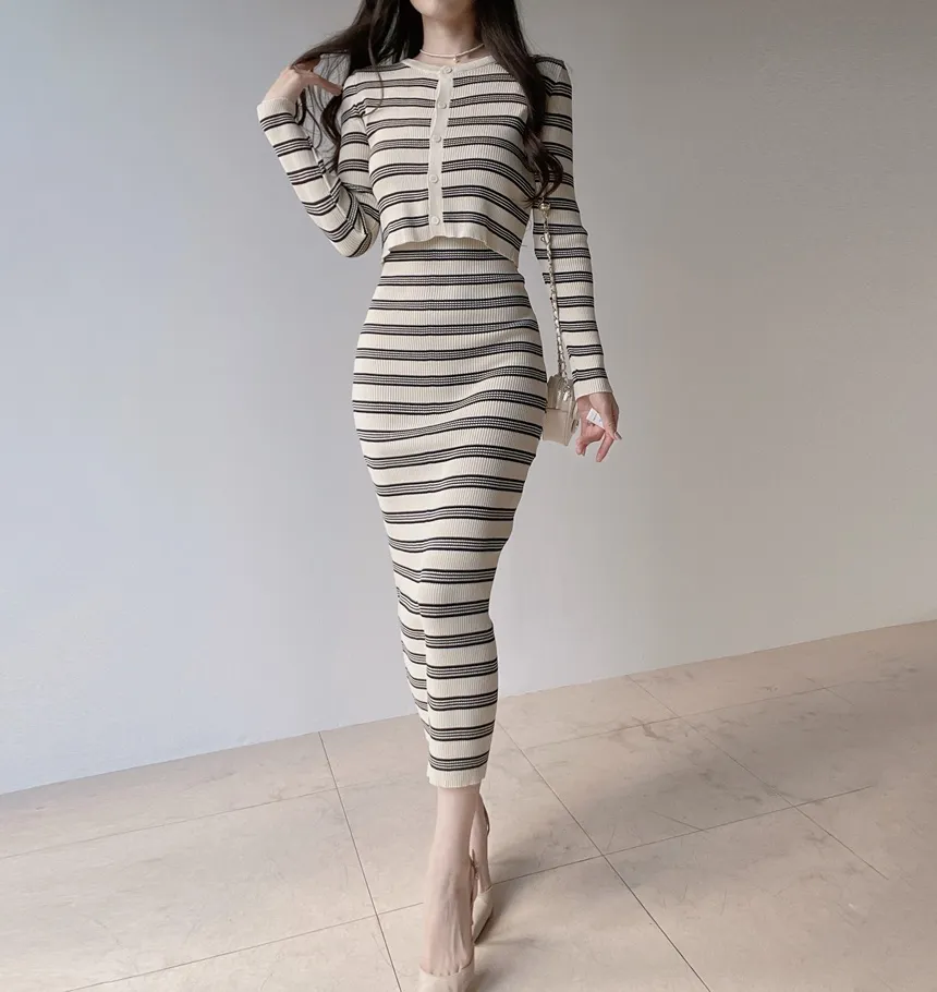 ニットラウンドネックHライン(ロング丈)ボーダーアンサンブルカーディガンワンピース | mirangmirang | 詳細画像16