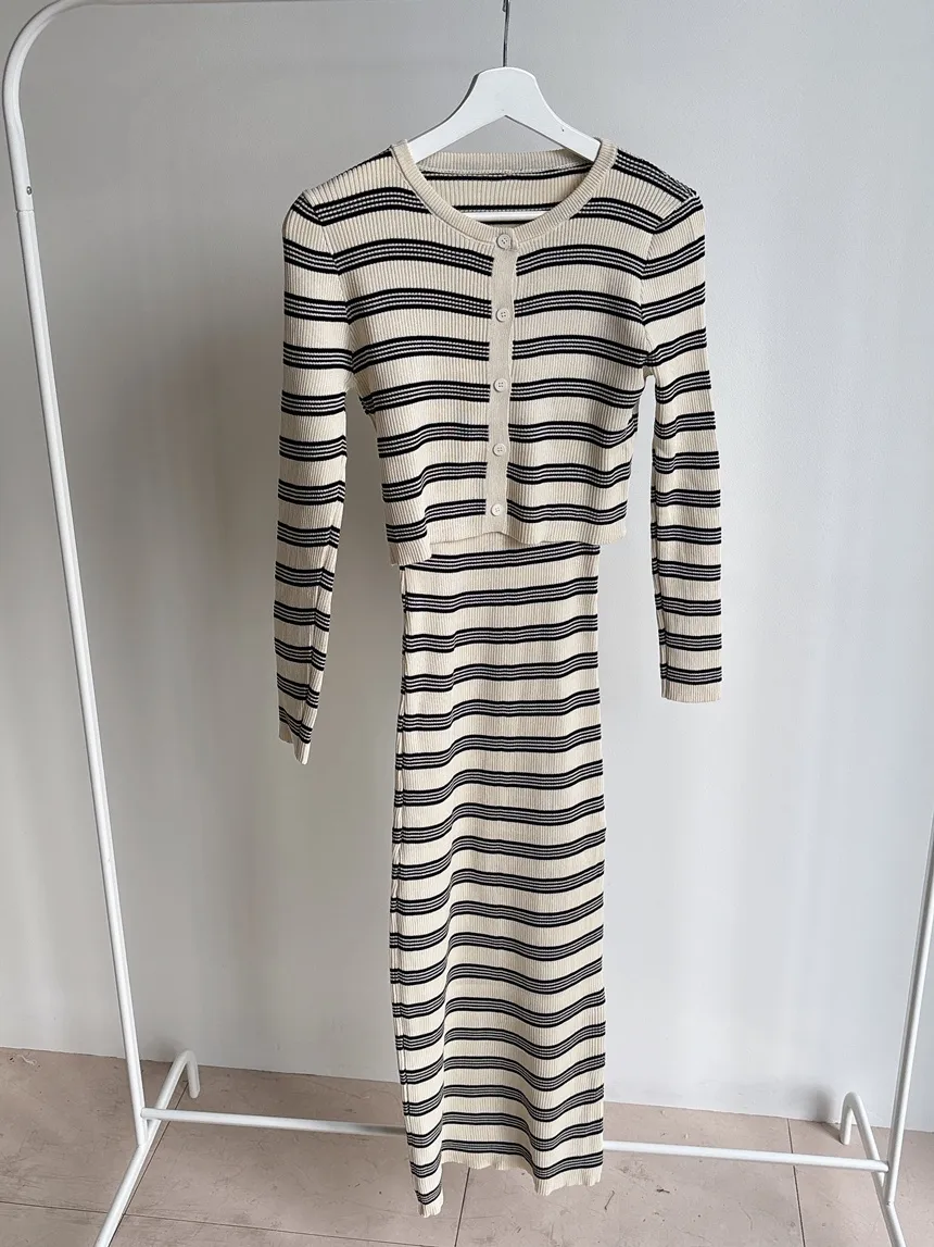 ニットラウンドネックHライン(ロング丈)ボーダーアンサンブルカーディガンワンピース | mirangmirang | 詳細画像18