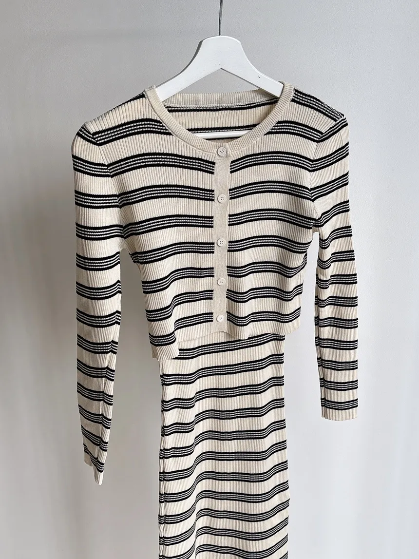 ニットラウンドネックHライン(ロング丈)ボーダーアンサンブルカーディガンワンピース | mirangmirang | 詳細画像19