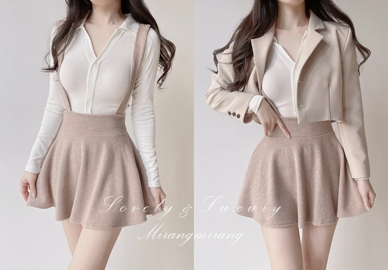 ボタンオープンカラーウエストゴムスリム長袖ミニワンピースTシャツサロペットアンサンブル | mirangmirang | 詳細画像1
