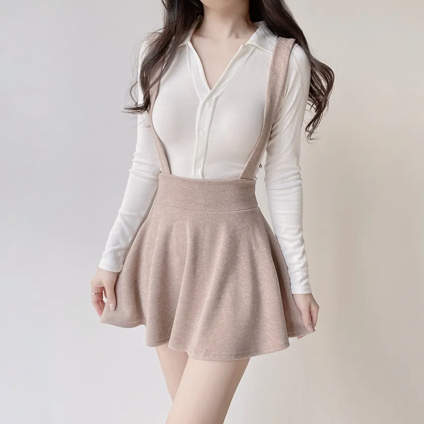 ボタンオープンカラーウエストゴムスリム長袖ミニワンピースTシャツサロペットアンサンブル | mirangmirang | 詳細画像2