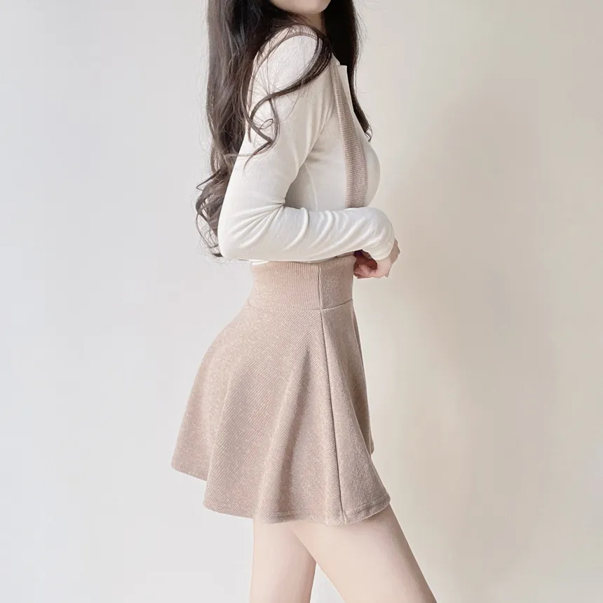 ボタンオープンカラーウエストゴムスリム長袖ミニワンピースTシャツサロペットアンサンブル | mirangmirang | 詳細画像3