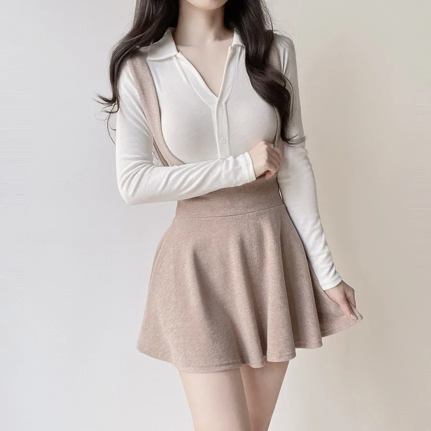 ボタンオープンカラーウエストゴムスリム長袖ミニワンピースTシャツサロペットアンサンブル | mirangmirang | 詳細画像4