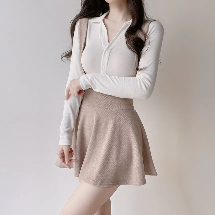 ボタンオープンカラーウエストゴムスリム長袖ミニワンピースTシャツサロペットアンサンブル | mirangmirang | 詳細画像6