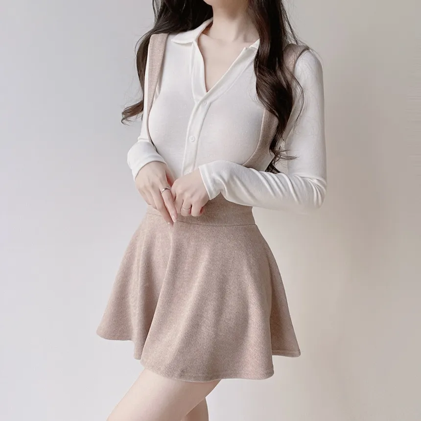 ボタンオープンカラーウエストゴムスリム長袖ミニワンピースTシャツサロペットアンサンブル | mirangmirang | 詳細画像7