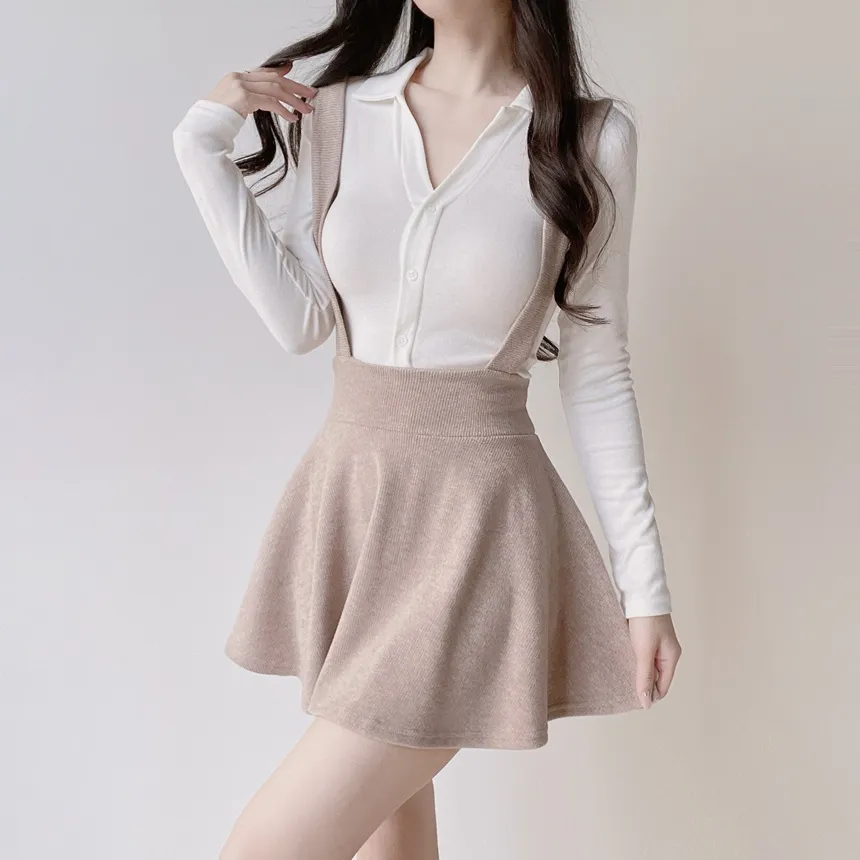 ボタンオープンカラーウエストゴムスリム長袖ミニワンピースTシャツサロペットアンサンブル | mirangmirang | 詳細画像8