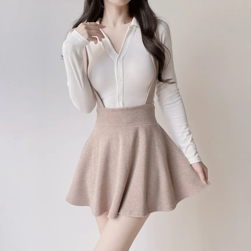 ボタンオープンカラーウエストゴムスリム長袖ミニワンピースTシャツサロペットアンサンブル | mirangmirang | 詳細画像9