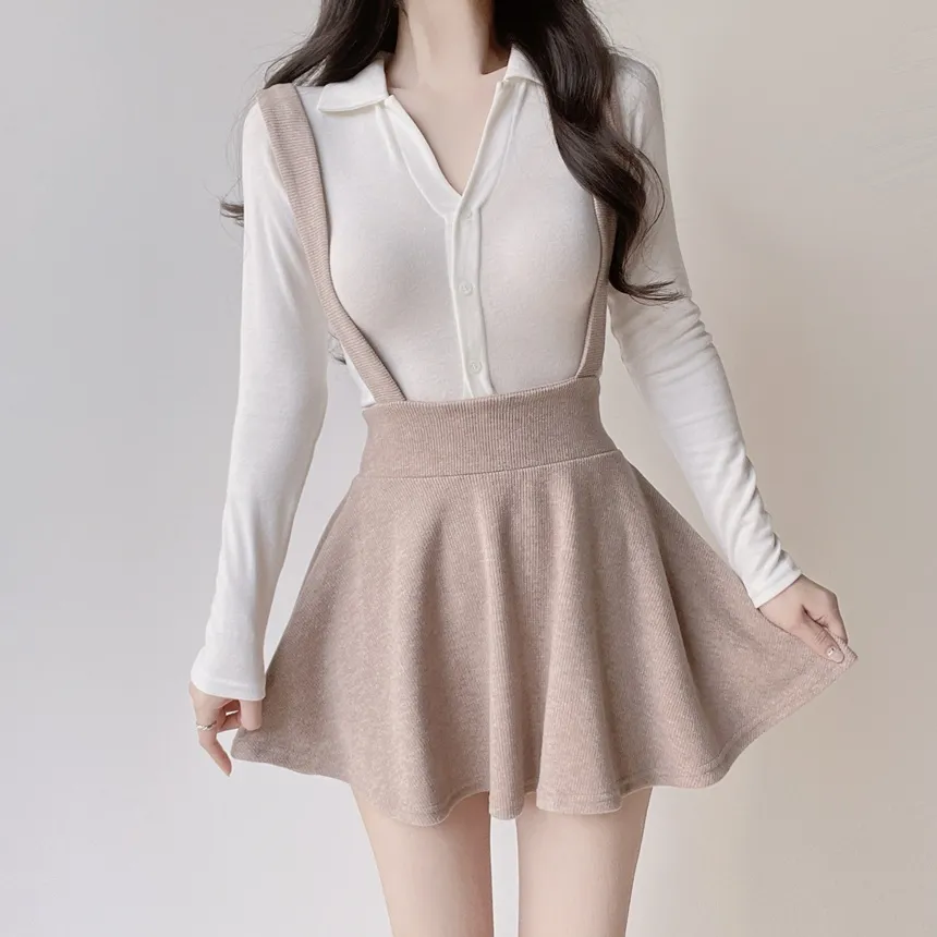 ボタンオープンカラーウエストゴムスリム長袖ミニワンピースTシャツサロペットアンサンブル | mirangmirang | 詳細画像10