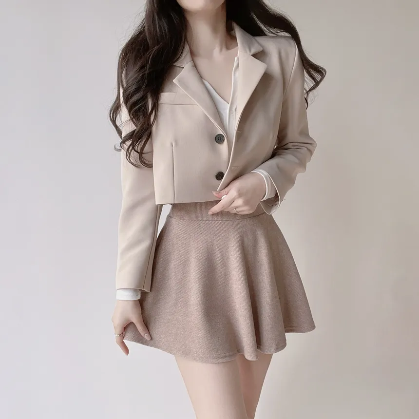 ボタンオープンカラーウエストゴムスリム長袖ミニワンピースTシャツサロペットアンサンブル | mirangmirang | 詳細画像11