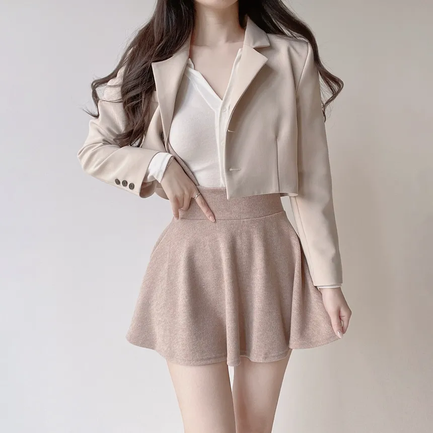 ボタンオープンカラーウエストゴムスリム長袖ミニワンピースTシャツサロペットアンサンブル | mirangmirang | 詳細画像12