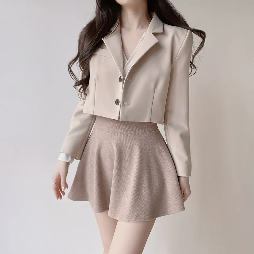 ボタンオープンカラーウエストゴムスリム長袖ミニワンピースTシャツサロペットアンサンブル | mirangmirang | 詳細画像13