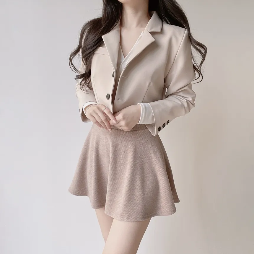 ボタンオープンカラーウエストゴムスリム長袖ミニワンピースTシャツサロペットアンサンブル | mirangmirang | 詳細画像14