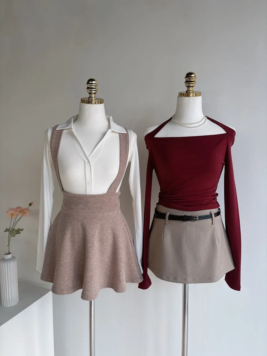 ボタンオープンカラーウエストゴムスリム長袖ミニワンピースTシャツサロペットアンサンブル | mirangmirang | 詳細画像15