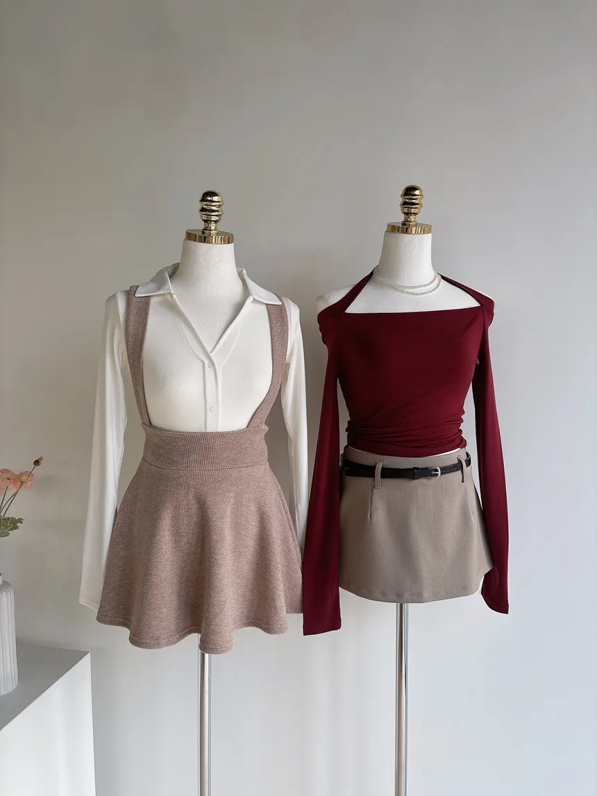 ボタンオープンカラーウエストゴムスリム長袖ミニワンピースTシャツサロペットアンサンブル | mirangmirang | 詳細画像16