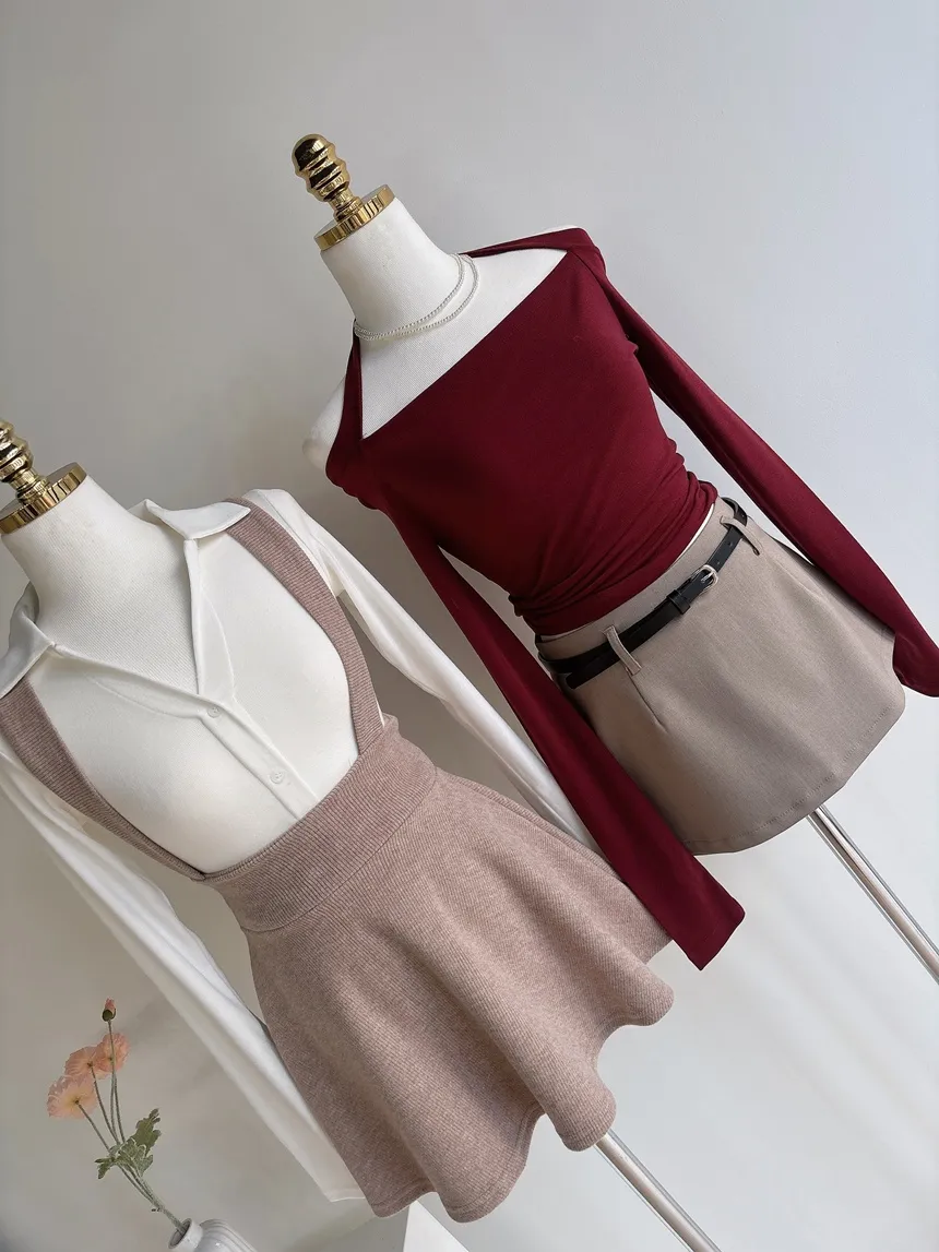 ボタンオープンカラーウエストゴムスリム長袖ミニワンピースTシャツサロペットアンサンブル | mirangmirang | 詳細画像17