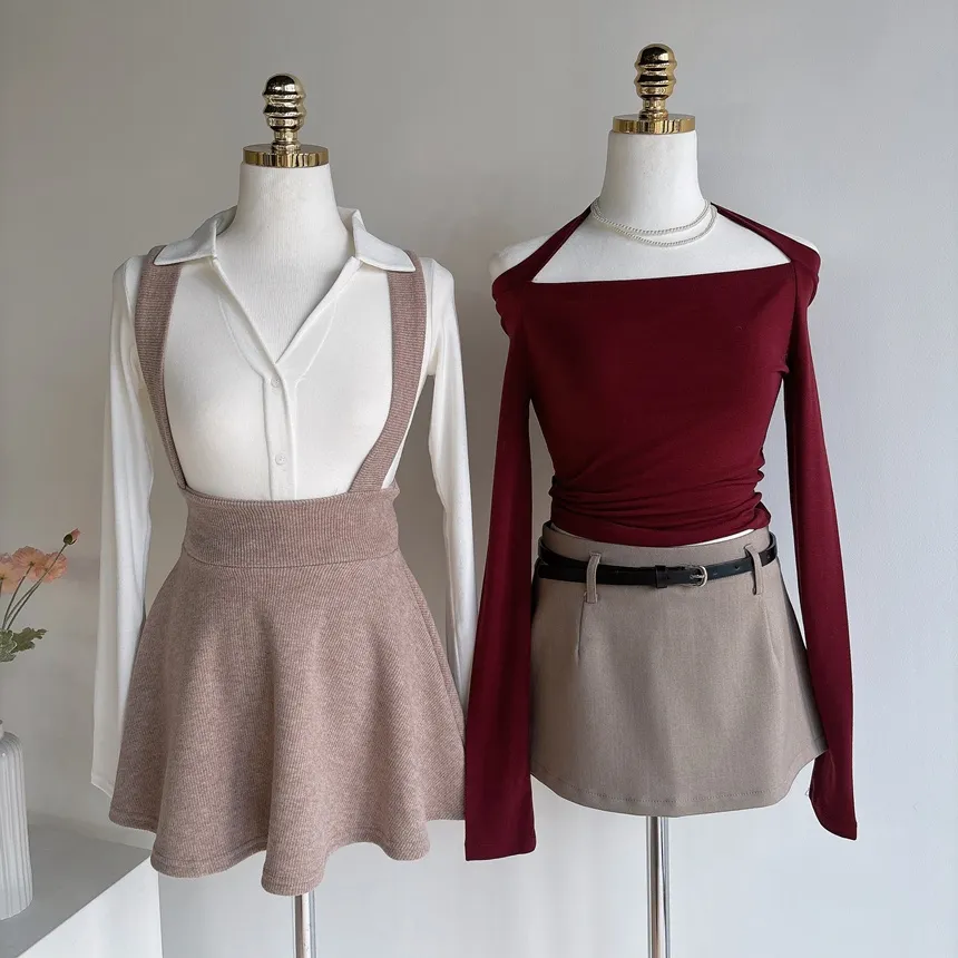 ボタンオープンカラーウエストゴムスリム長袖ミニワンピースTシャツサロペットアンサンブル | mirangmirang | 詳細画像18