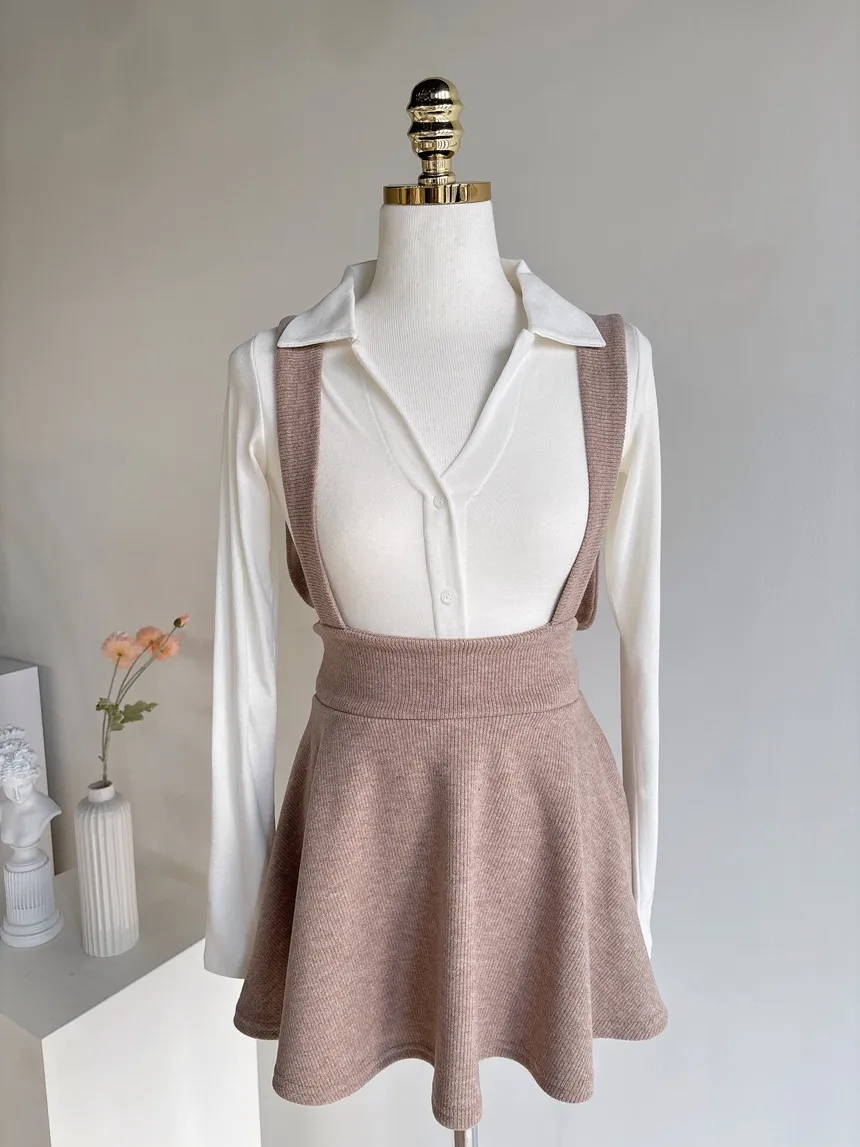 ボタンオープンカラーウエストゴムスリム長袖ミニワンピースTシャツサロペットアンサンブル | mirangmirang | 詳細画像22