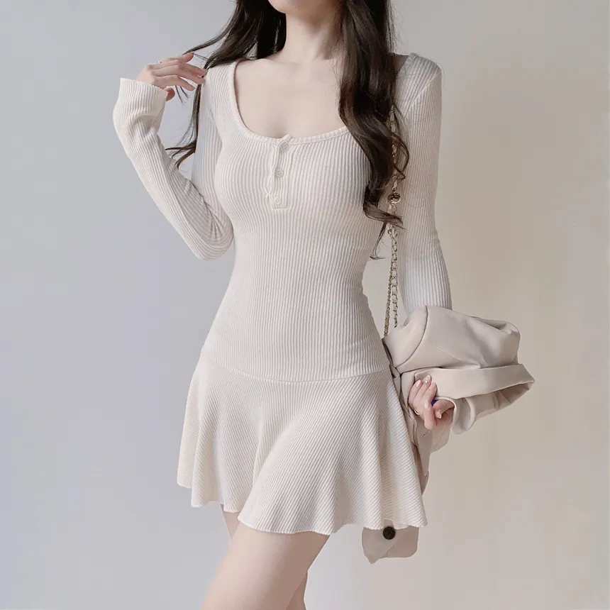 リブニットフレア長袖ボタンワンピース | mirangmirang | 詳細画像2