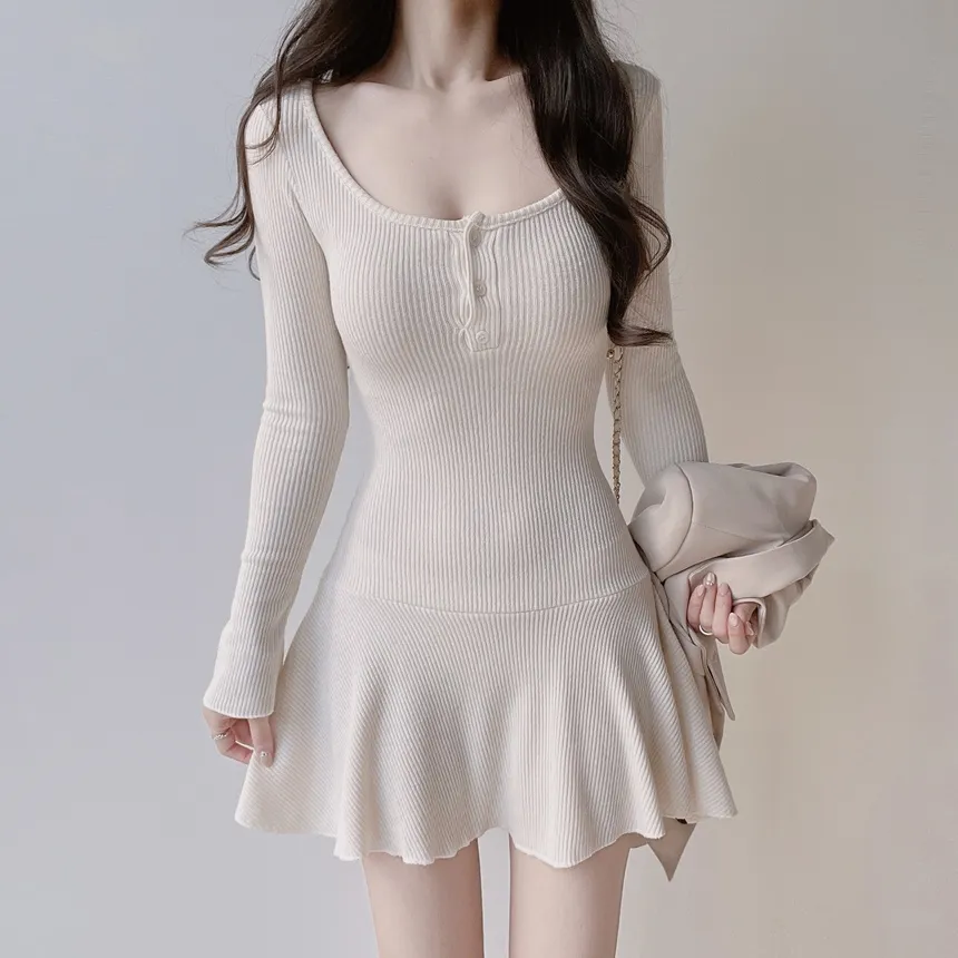 リブニットフレア長袖ボタンワンピース | mirangmirang | 詳細画像12