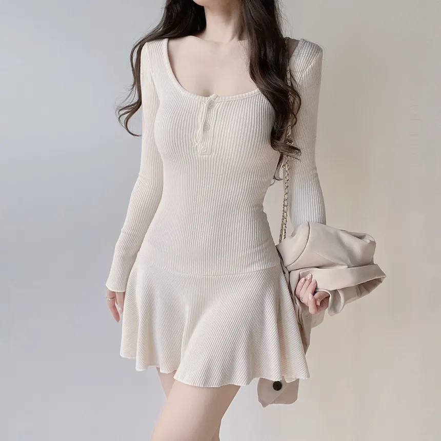 リブニットフレア長袖ボタンワンピース | mirangmirang | 詳細画像13