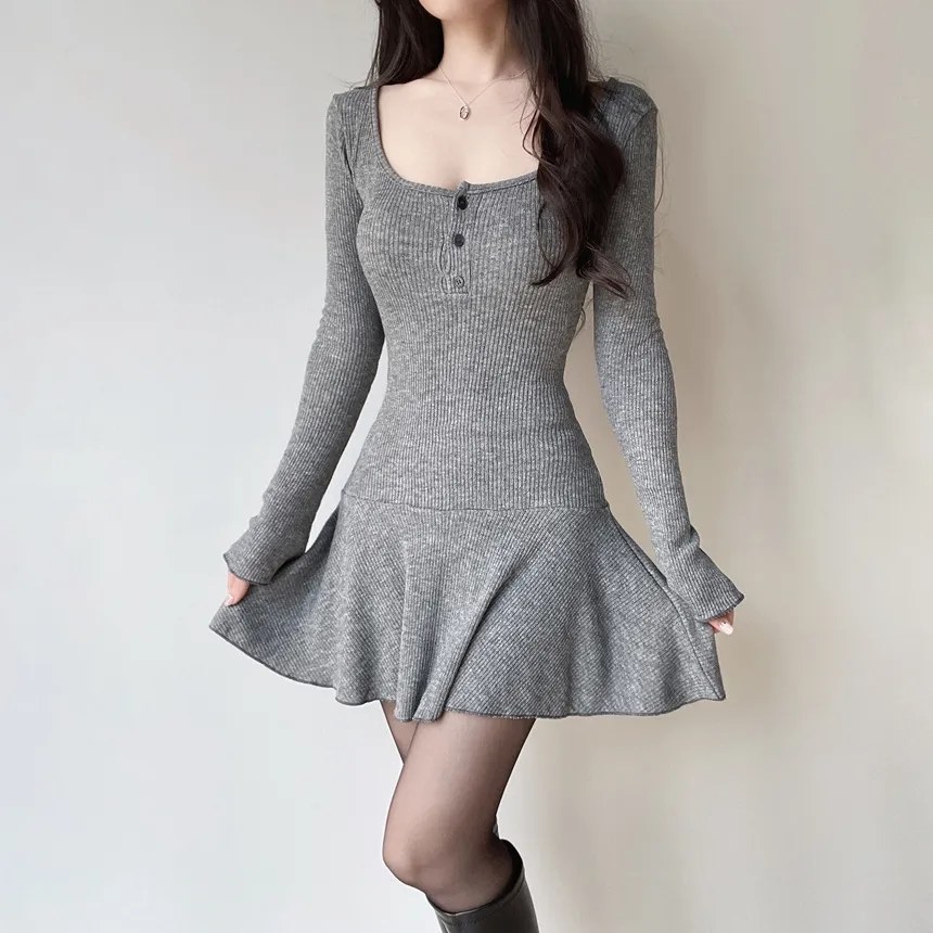 リブニットフレア長袖ボタンワンピース | mirangmirang | 詳細画像15