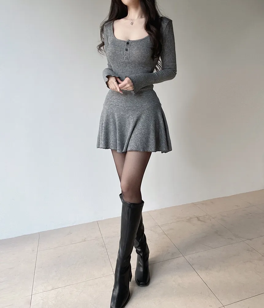 リブニットフレア長袖ボタンワンピース | mirangmirang | 詳細画像17