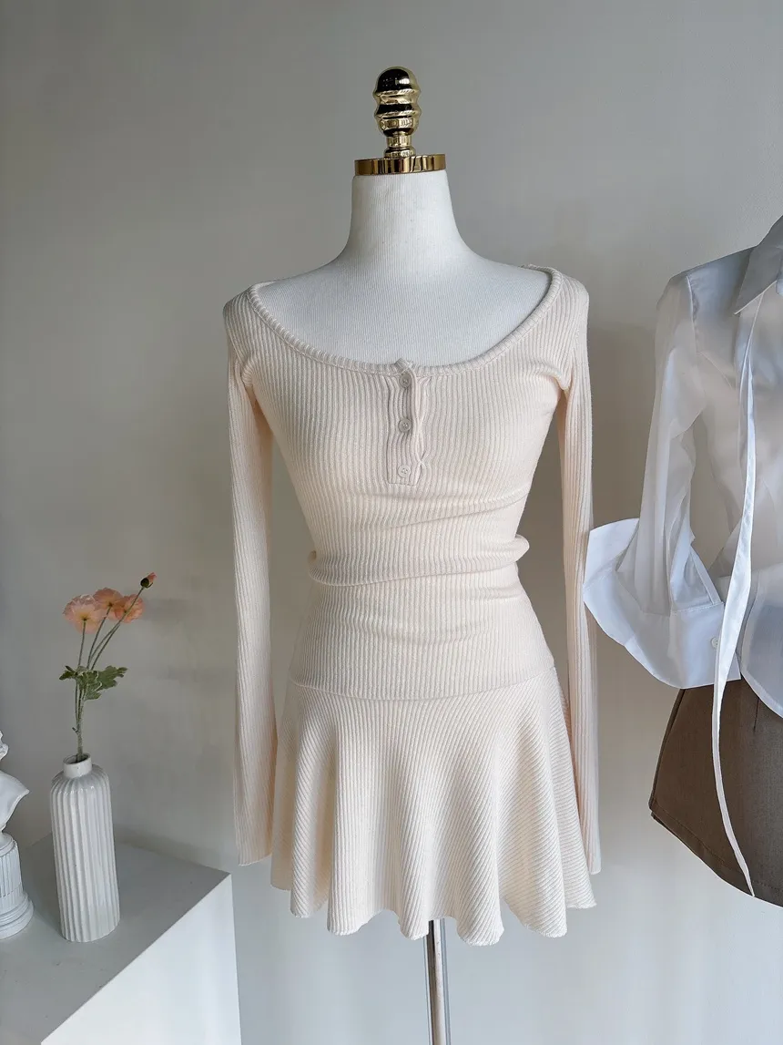 リブニットフレア長袖ボタンワンピース | mirangmirang | 詳細画像28