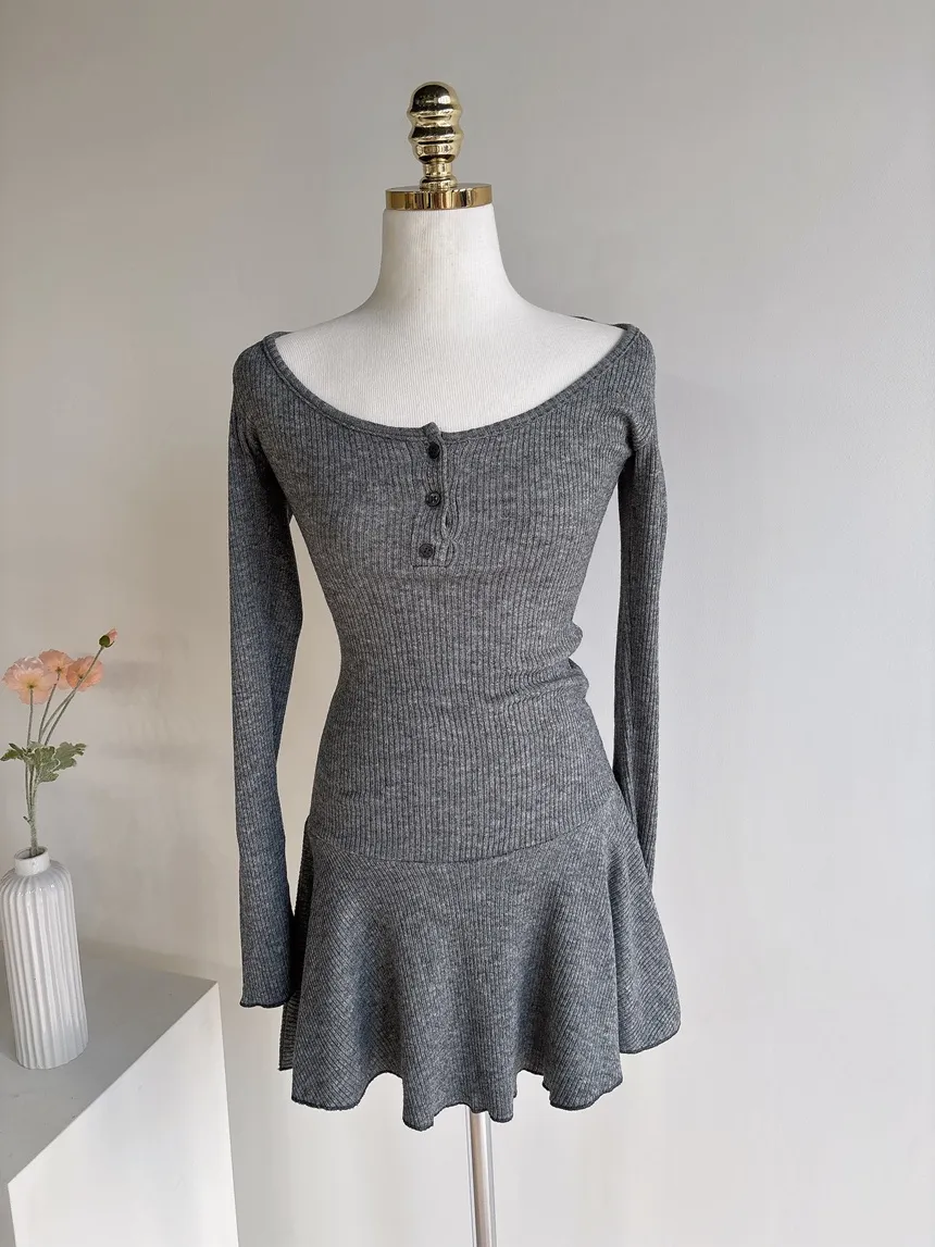 リブニットフレア長袖ボタンワンピース | mirangmirang | 詳細画像31