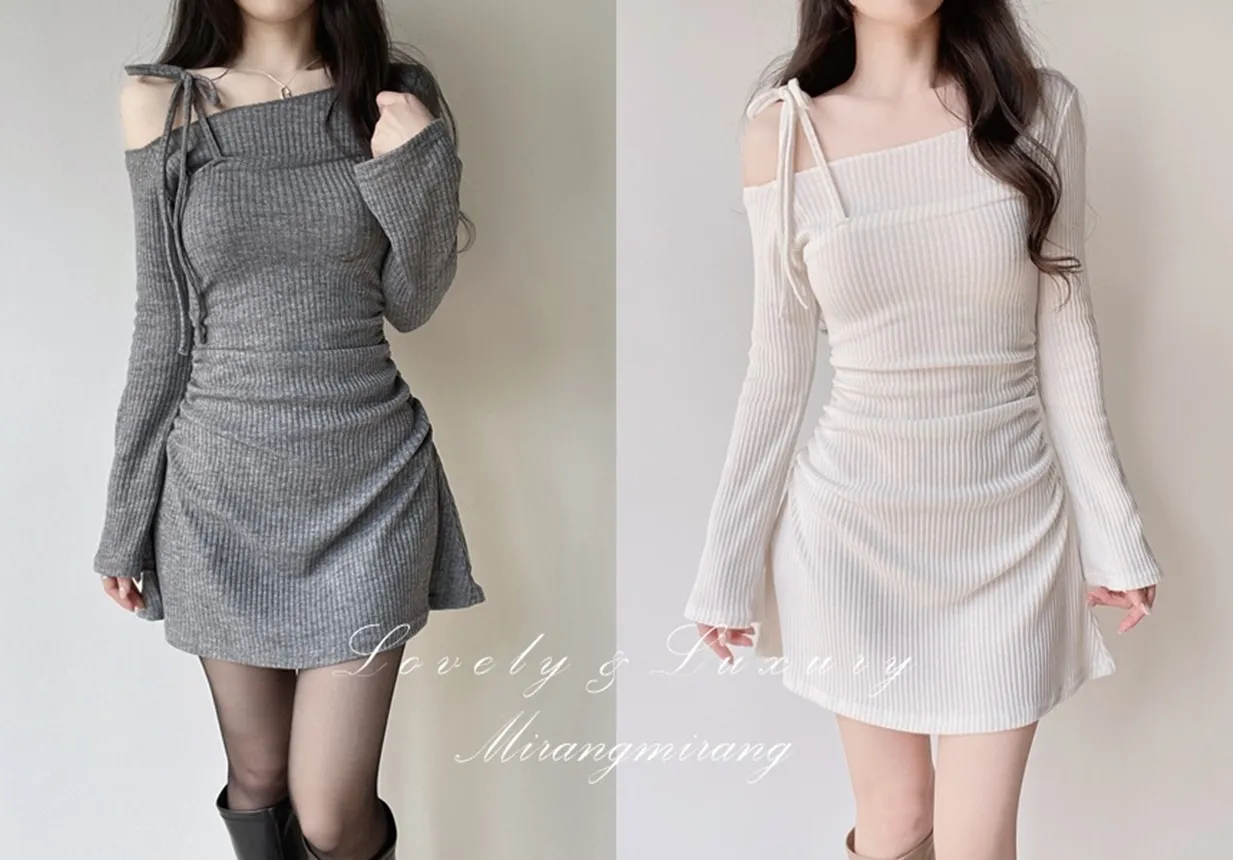 ニットリブドローストリング長袖ミニシャーリングワンピース | mirangmirang | 詳細画像1