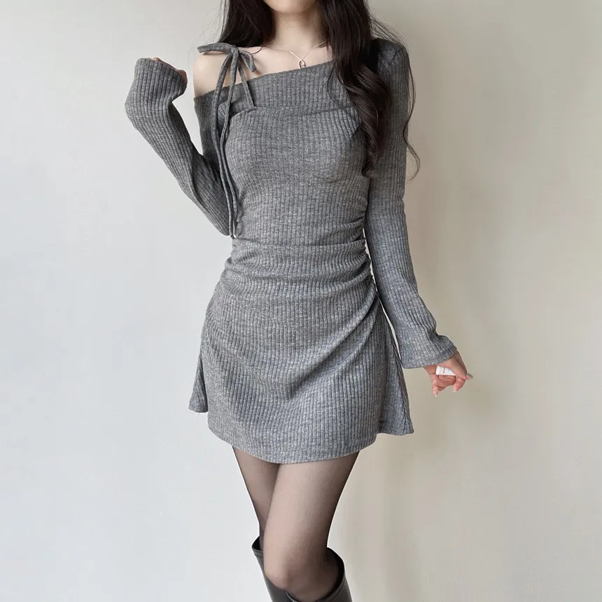 ニットリブドローストリング長袖ミニシャーリングワンピース | mirangmirang | 詳細画像3