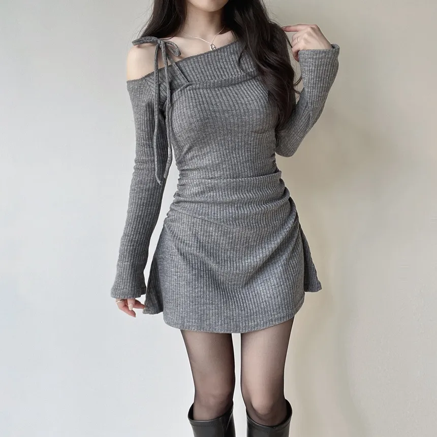 ニットリブドローストリング長袖ミニシャーリングワンピース | mirangmirang | 詳細画像4