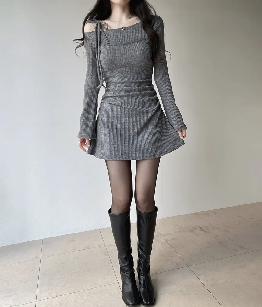 ニットリブドローストリング長袖ミニシャーリングワンピース | mirangmirang | 詳細画像10